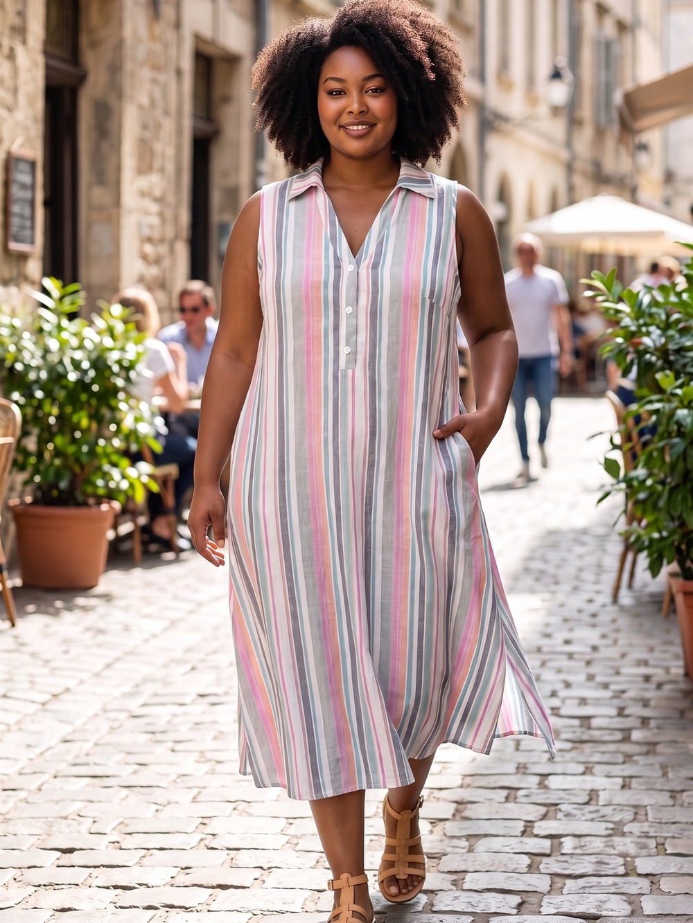SHEIN Curvy Striped Button-Front Dress in Pink, Green, Gray, Cream